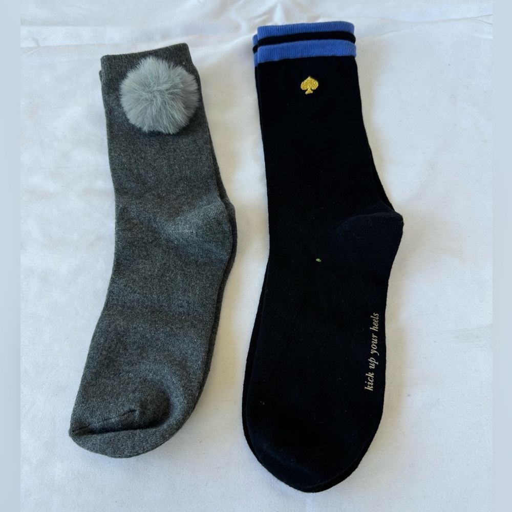 Kate Spade 2 Pair Bundle Socks Black Blue Kick Up Your Heels & Pom Pom